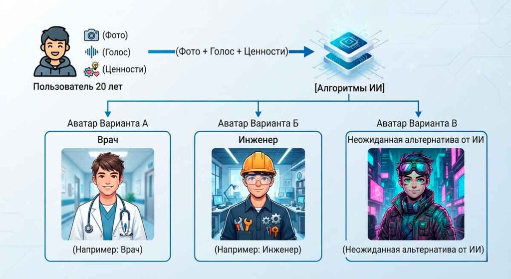 схема работы технологии цифровой двойник будущего и генерации ИИ аватаров