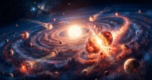 Компьютерная модель, показывающая хаотичное формирование Солнечной системы и зарождение планет земной группы.