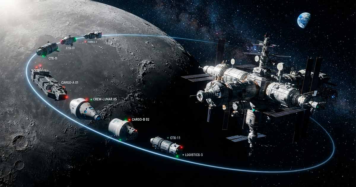 Орбитальная лунная станция Gateway и космический трафик в виде нитки жемчуга