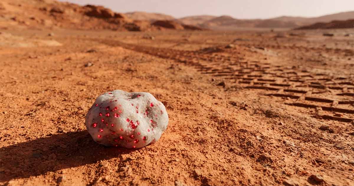 Светлый марсианский камень с красными вкраплениями корунда на поверхности кратера Езеро