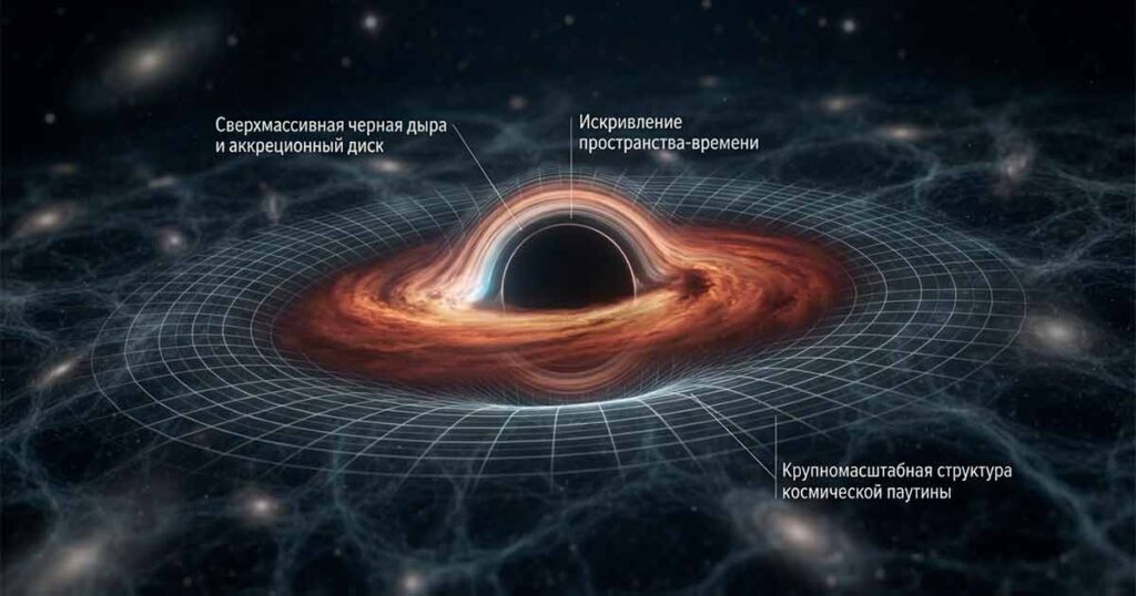 Иллюстрация роста сверхмассивной черной дыры на фоне расширяющейся Вселенной.