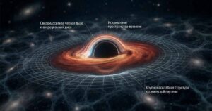 Иллюстрация роста сверхмассивной черной дыры на фоне расширяющейся Вселенной.