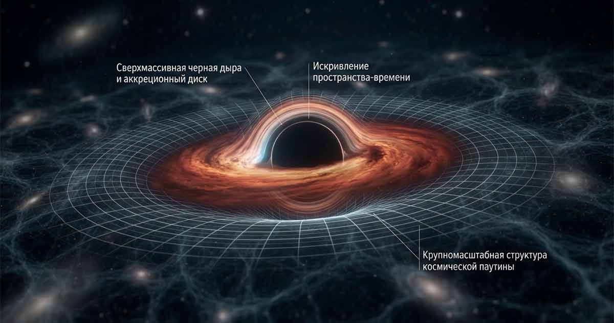 Иллюстрация роста сверхмассивной черной дыры на фоне расширяющейся Вселенной.