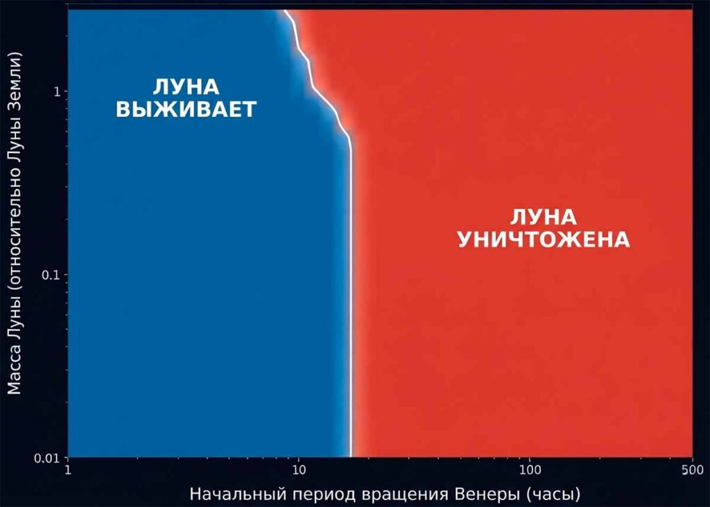График вероятности разрушения: гипотетическая луна Венеры выживает при быстром вращении планеты и разрушается при медленном.