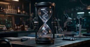 Секреты управления старением и реальное продление жизни 1 3D-модель светящейся спирали ДНК и песочные часы, символизирующие биологическое продление жизни человека.