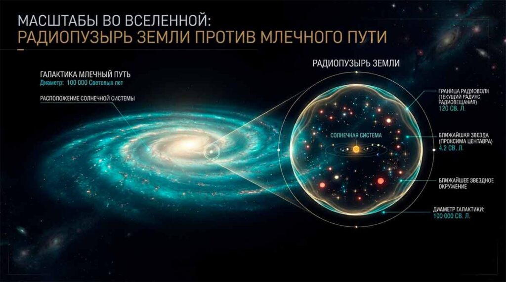 Инфографика сравнения масштабов: радиопузырь Земли против галактики Млечный Путь.