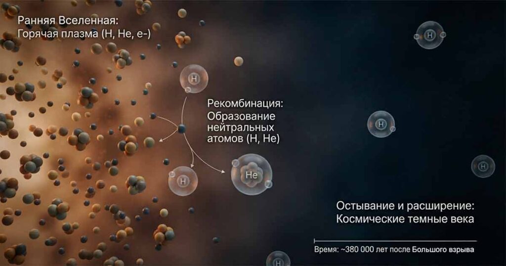 Рождение атомов водорода и гелия в остывающей ранней Вселенной