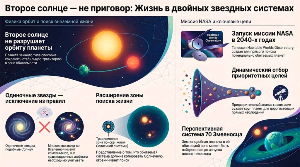 Инфографика: поиск жизни в двойных звездах и перспективы, которые открывает система 70 Змееносца для миссий NASA.