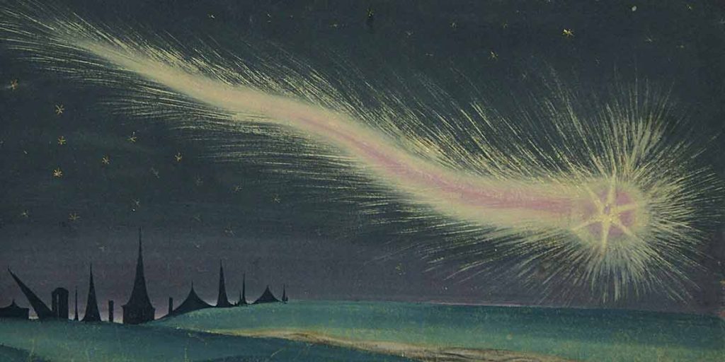 Яркая комета 1552 года над ночным горизонтом из иллюстрированной Книги чудес в Аугсбурге.