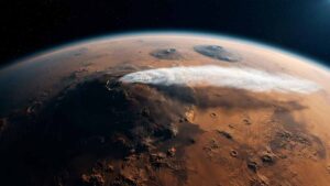 Гигантское марсианское облако над вулканом Арсия, сфотографированное аппаратом Mars Express.
