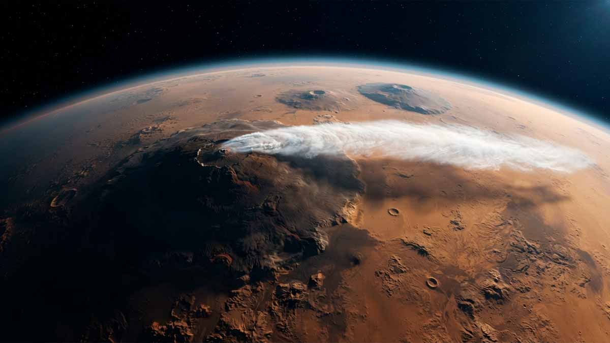 Гигантское марсианское облако раскрывает секреты экзотической физики 1 Гигантское марсианское облако над вулканом Арсия, сфотографированное аппаратом Mars Express.