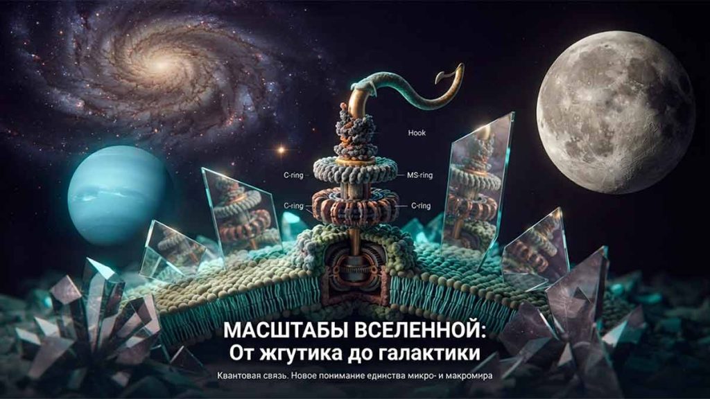 Обложка дайджеста «Масштабы Вселенной: От жгутика до галактики» — концептуальная иллюстрация с бактериальным наномотором, зеркалами мультивселенной, Луной, Нептуном и Млечным Путем.