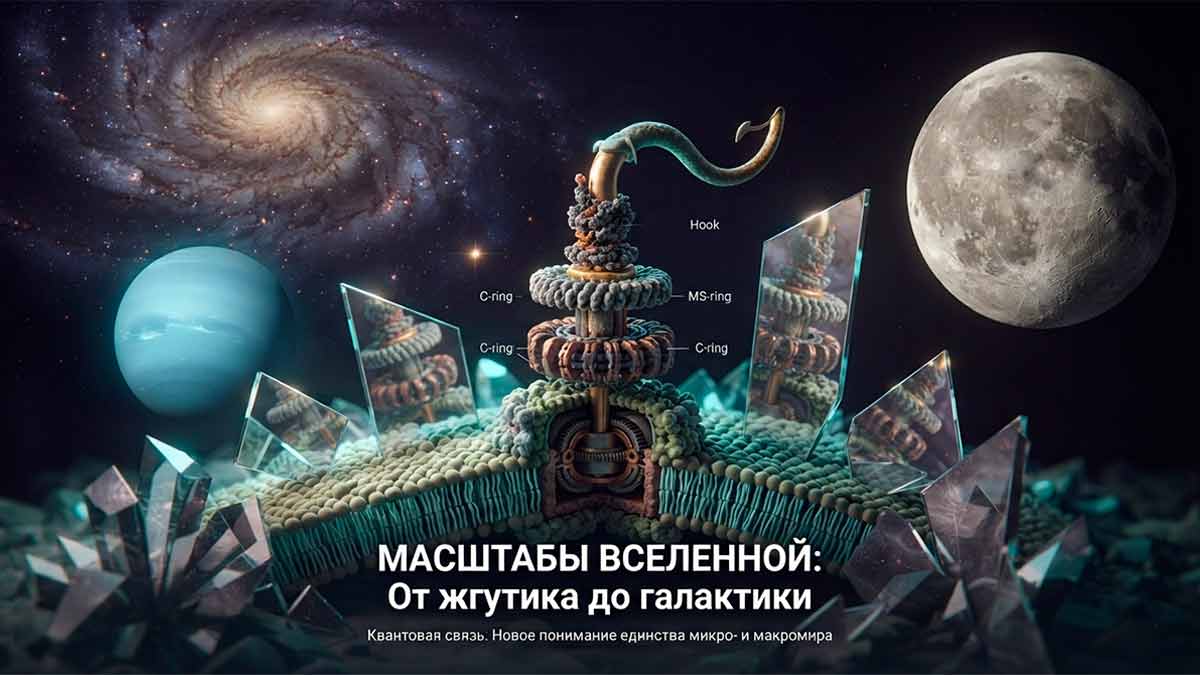 Обложка дайджеста «Масштабы Вселенной: От жгутика до галактики» — концептуальная иллюстрация с бактериальным наномотором, зеркалами мультивселенной, Луной, Нептуном и Млечным Путем.
