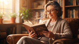 Женщина увлеченно читает, чтение книг развивает социальный интеллект и активирует нейросети мозга.