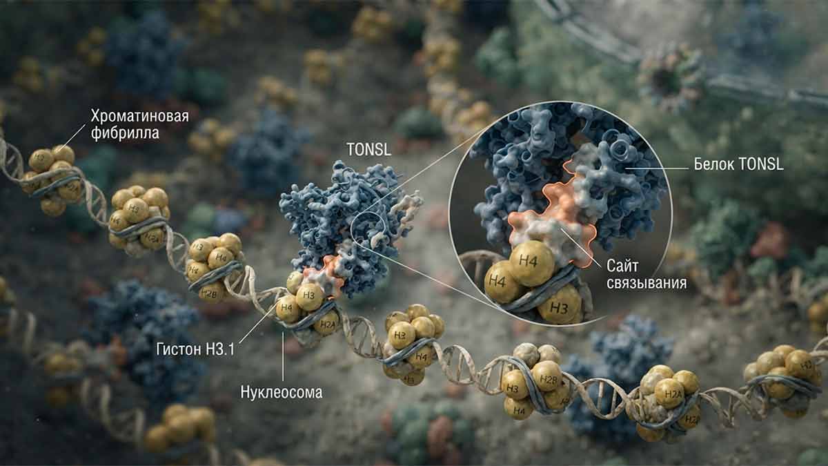 Молекулярная структура комплекса белка TONSL и гистона H3.1, обеспечивающая процесс репарации ДНК TONSL.