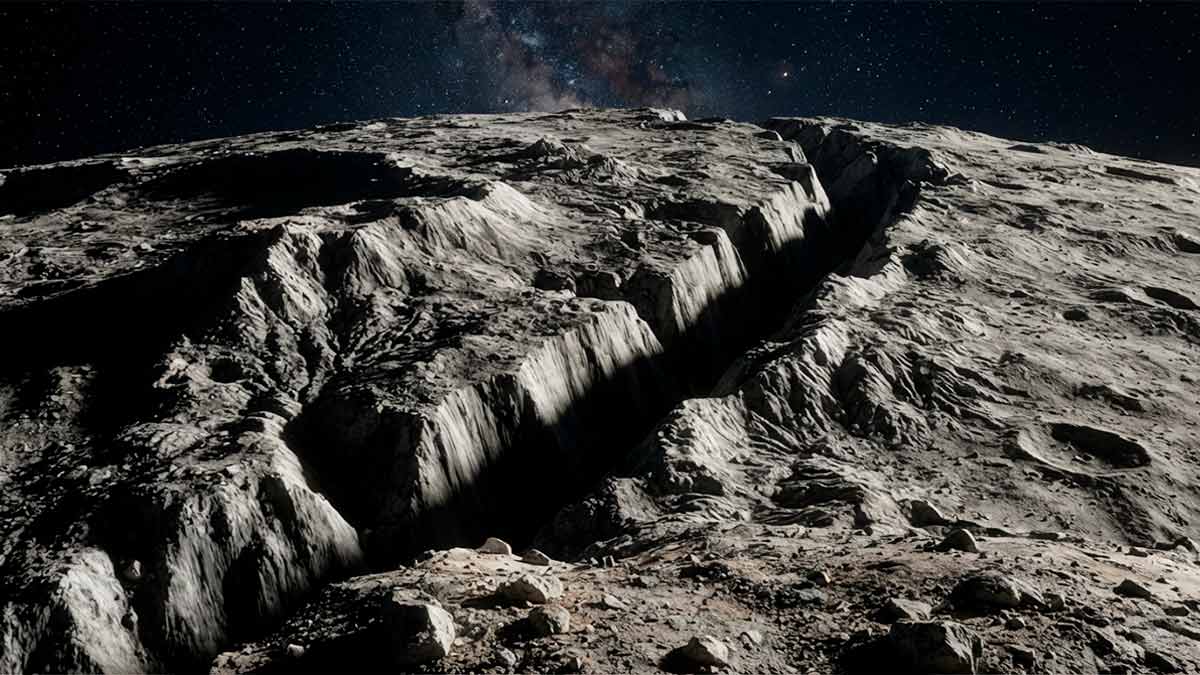Детализированная поверхность сжатия луны с глубокими тектоническими разломами.