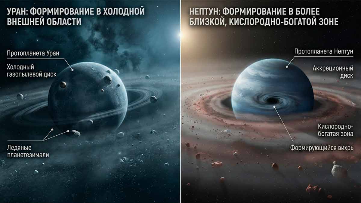 Сравнение планет Урана и Нептуна, демонстрирующее происхождение Урана и Нептуна в разных условиях.