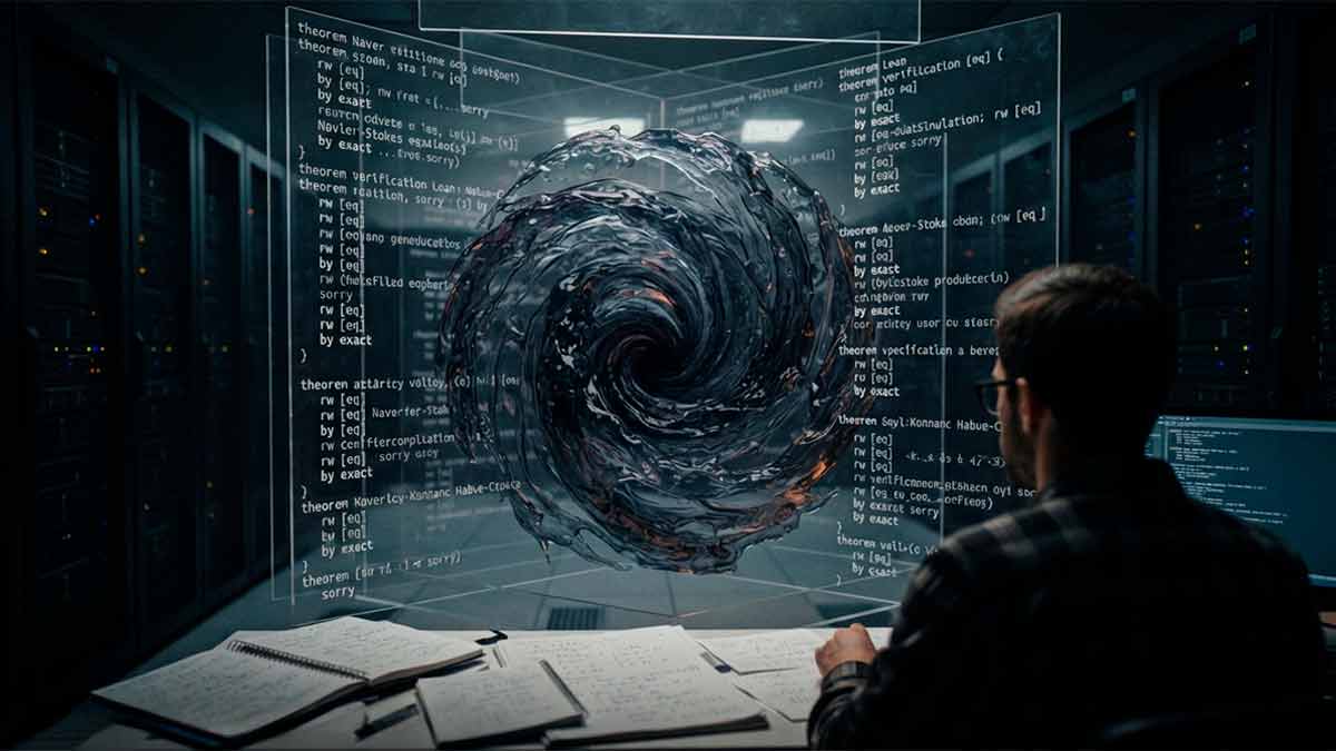 Искусственный интеллект и формулы уравнения Навье-Стокса OpenAI на фоне цифрового кластера.